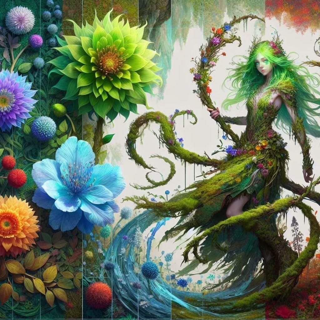 Dryad Girl with Seasonal Flowers, Fantasy Art