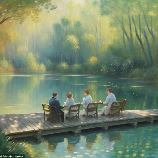 Impressionist Watercolor of People on Dock at Sunset