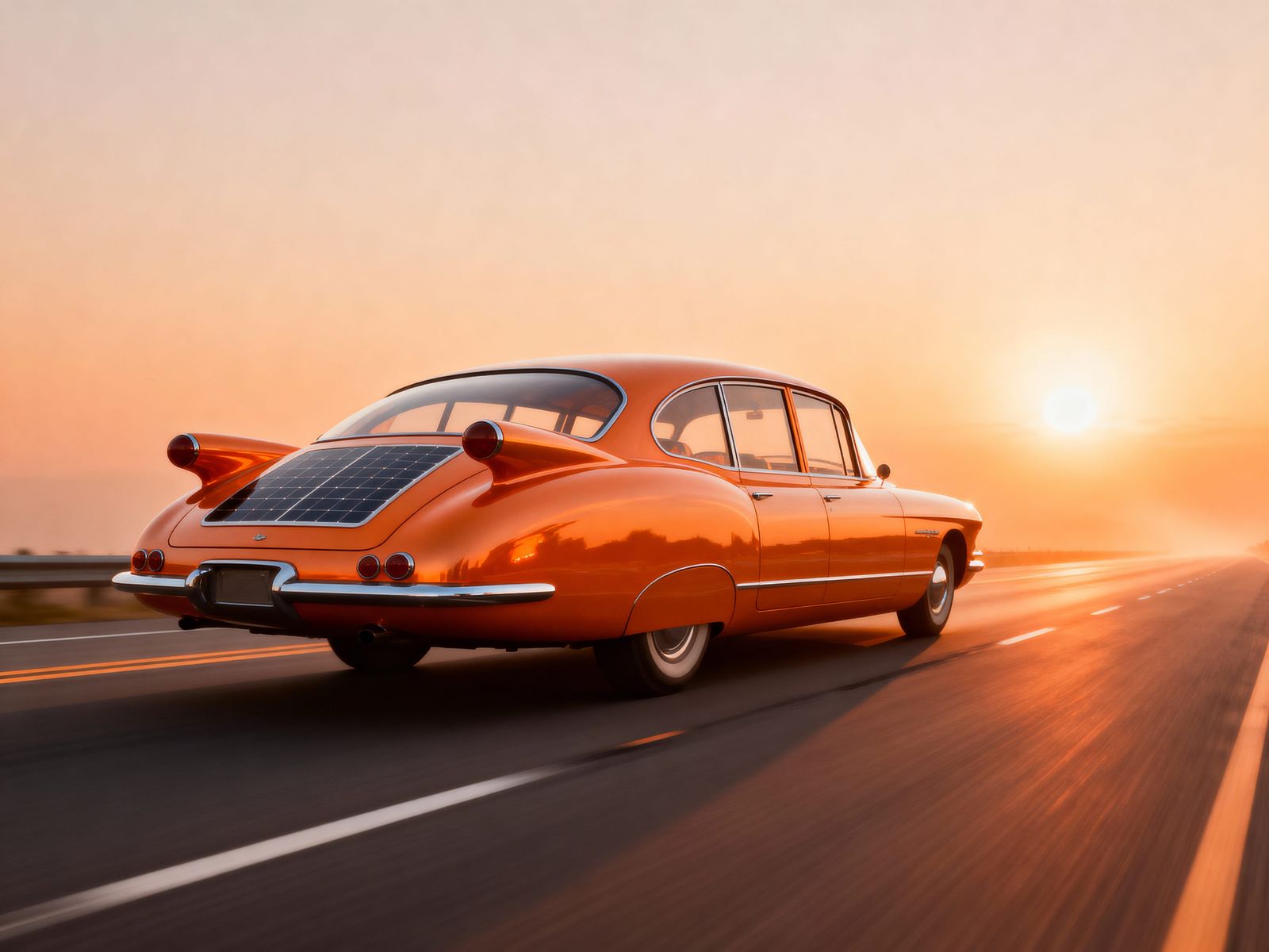 Retro-Futurist Sunliner Vehicle on Orange Highway