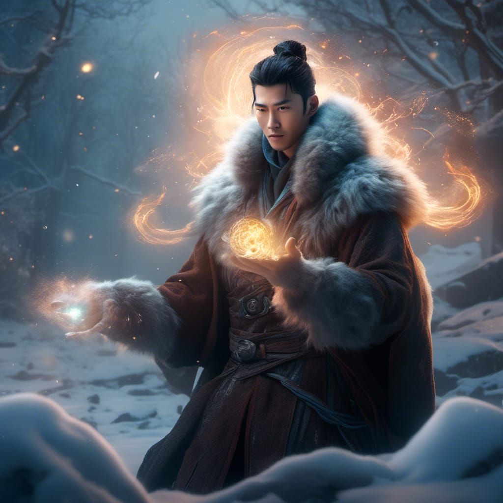 Ethereal Chinese Mage Casts Bioluminescent Spell in Winter