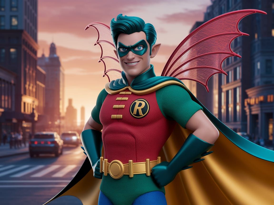 Robin Fairy Over Gotham in Pixar Style