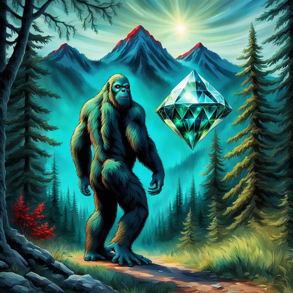 Realistic Blue-Green Bigfoot Holding a Diamond