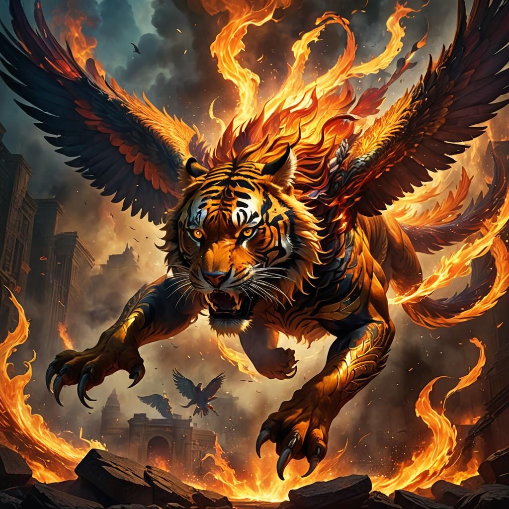 Fiery Phoenix and Roaring Tiger in Epic Fantasy Art