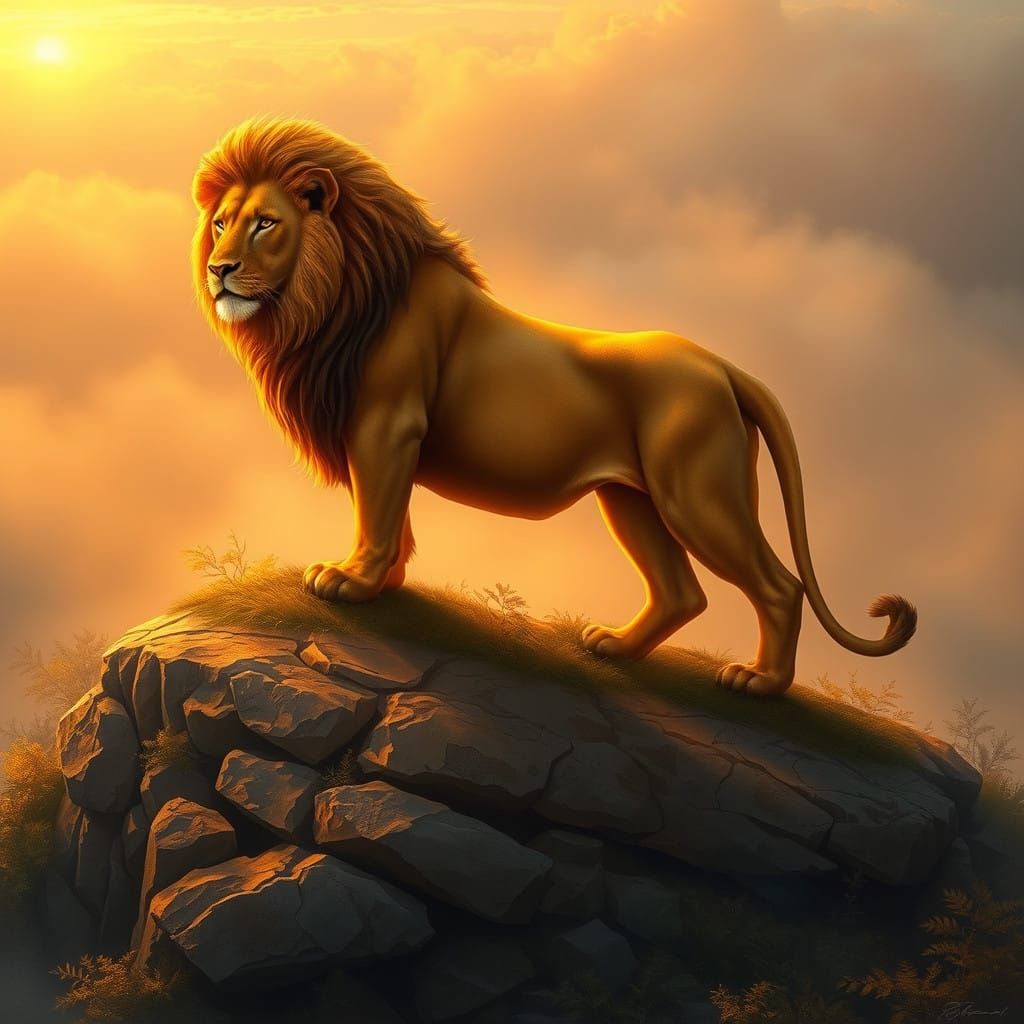 Majestic Lion in Serene, Golden Dawn Landscape