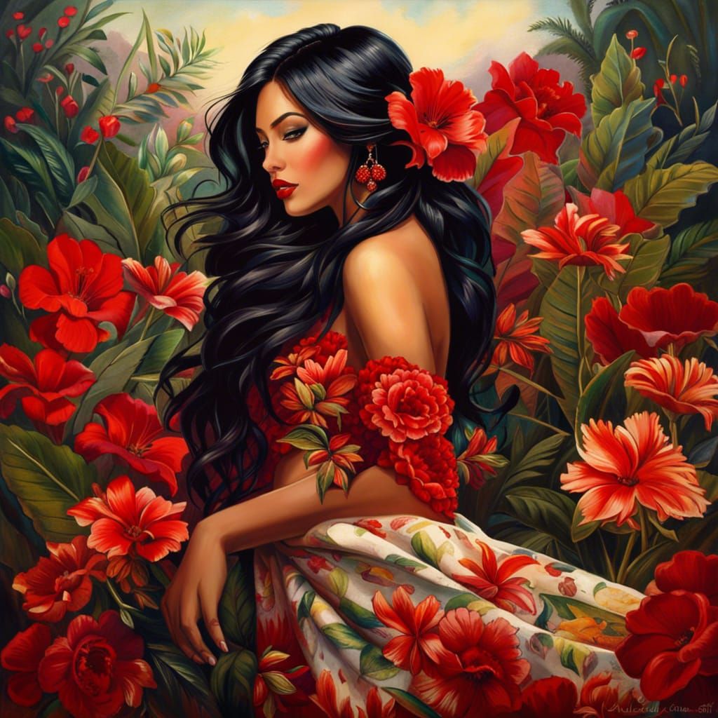 Beautiful Polynesian Woman in Flowered Dress
