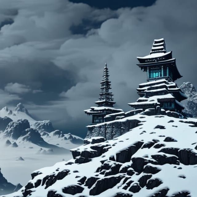 Feudal Japanese Stronghold Ruins on Snowy Mountain