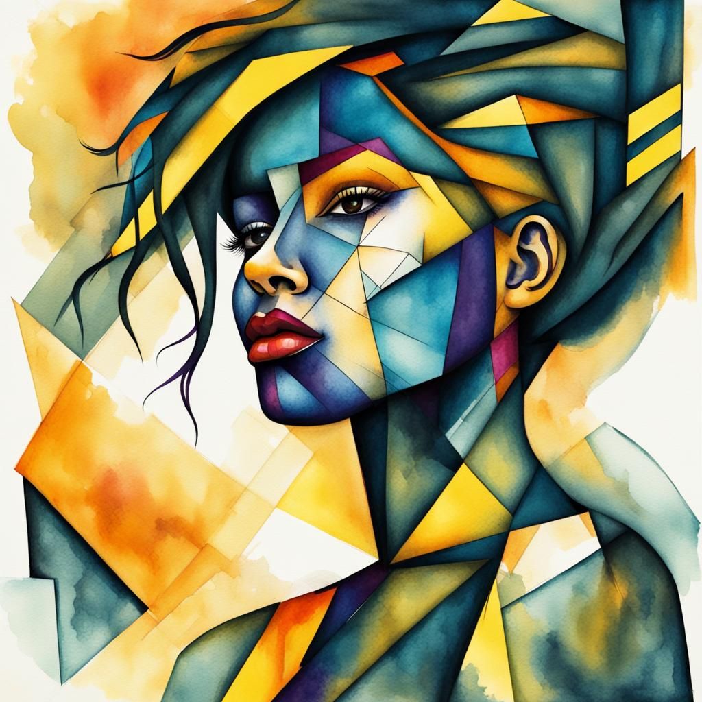Abstract Watercolor Portrait of Woman with Yellow Hair