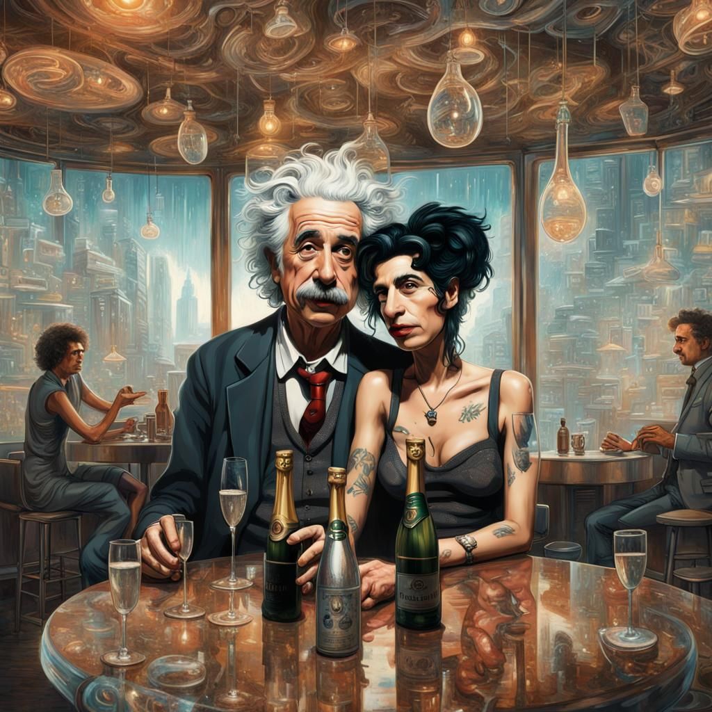 Einstein, Winehouse in Dystopian Cafe: 3D Art