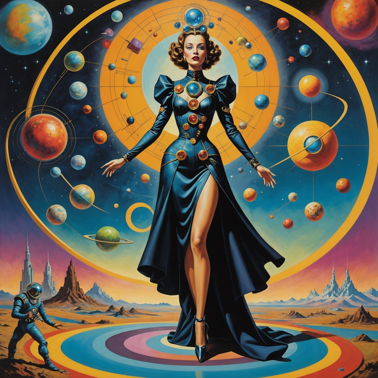 Surreal Woman in Cosmic Atompunk Art Style