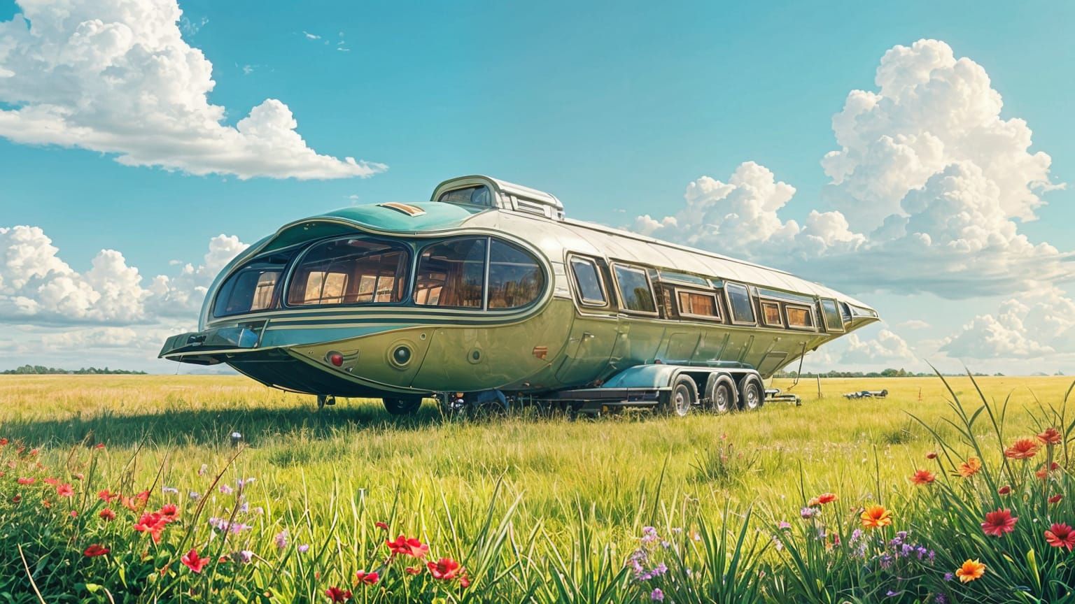 Mobile House on a Serene Grassland in a Futuristic Skateblad...