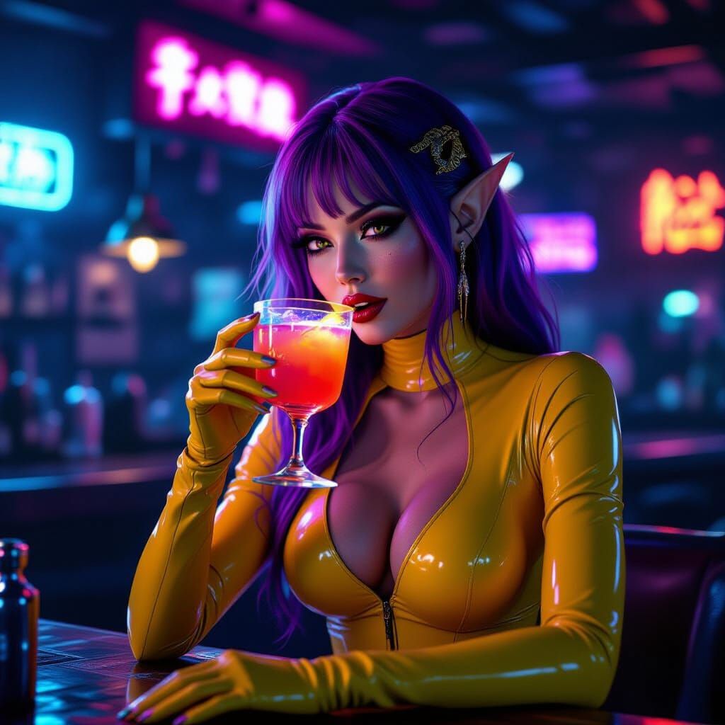 Cyberpunk Elf Enjoys Neon Bar Drink in Yellow Latex