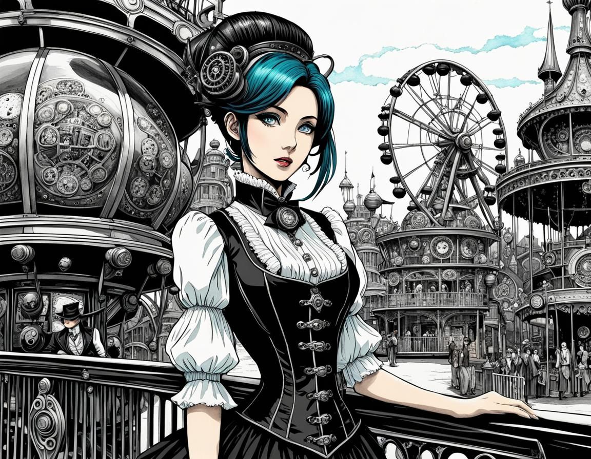 Pen and Ink - Anime-inspired - Steampunk Victorian Anime Girl
