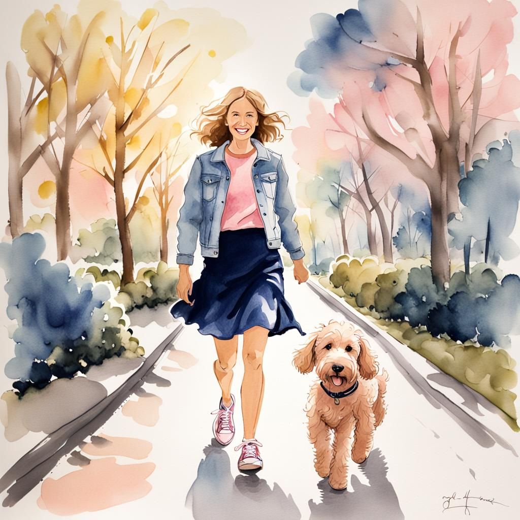 Smiling Woman Walks Dog in Ink and Wash Style