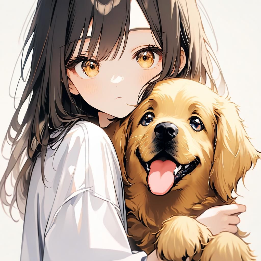 Girl with Bicolor Hair Holding Golden Retriever Puppy