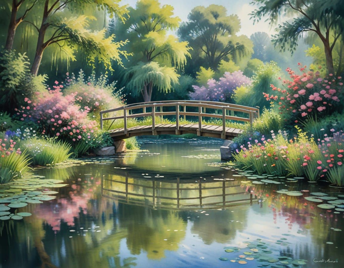 Whimsical Watercolor Bridge in Serene Impressionist Landscap...