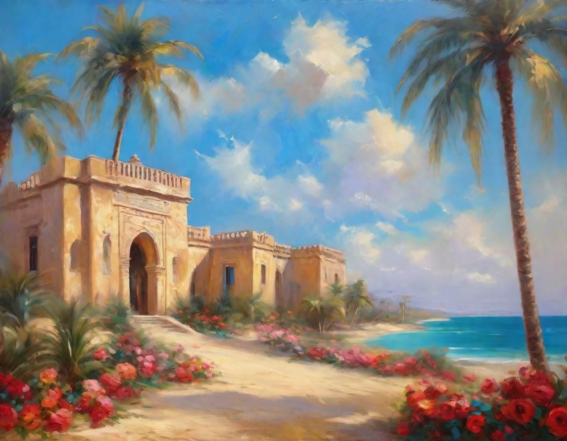 Desert Oasis Oil Painting with Turquoise Water