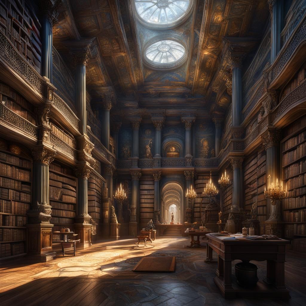 Mysterious Spirits in Dark, Giant Library: Matte Painting