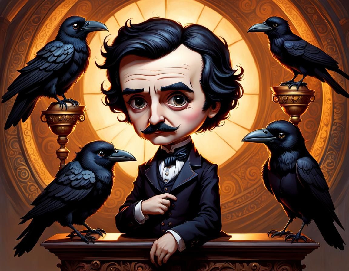 Chibi Edgar Allan Poe Portrait in Decopunk Style