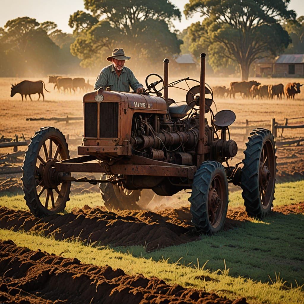 Rustic Farmer Works Land in Golden Hour