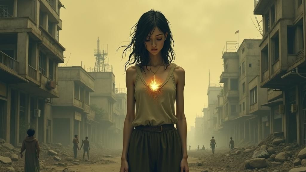 Solemn Woman Contemplates a War-Torn City in a Haunting, Mys...