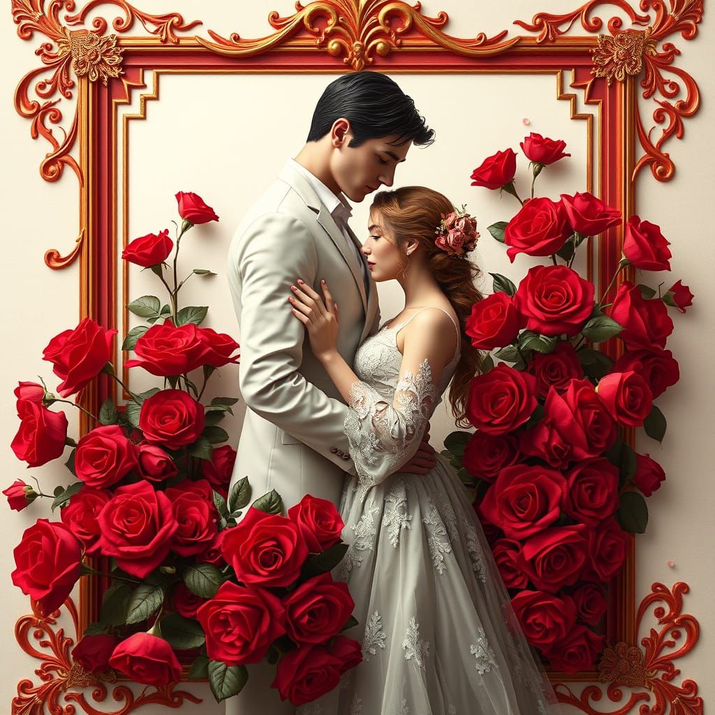 Romantic Couple in a Baroque-Style Frame with Roses and Lace