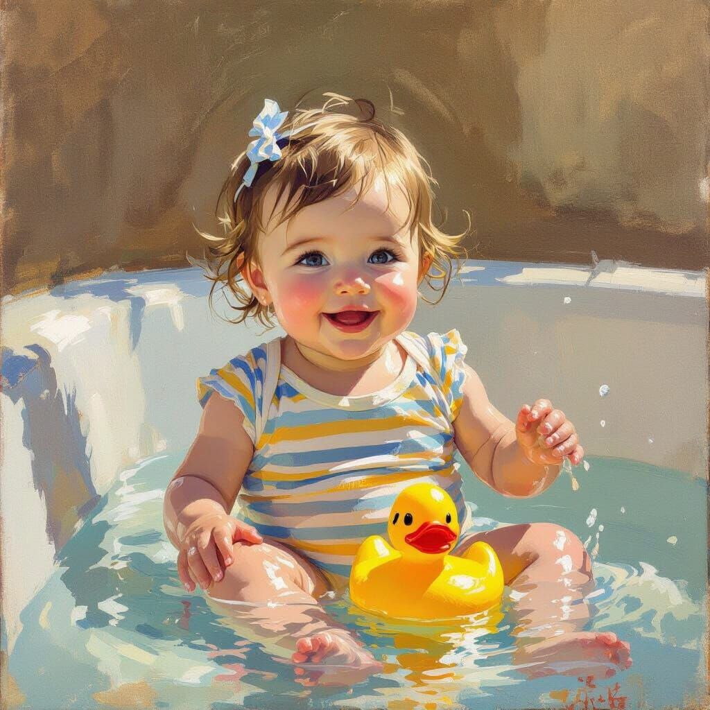 Baby Girl in Bathtub, Impressionistic Style