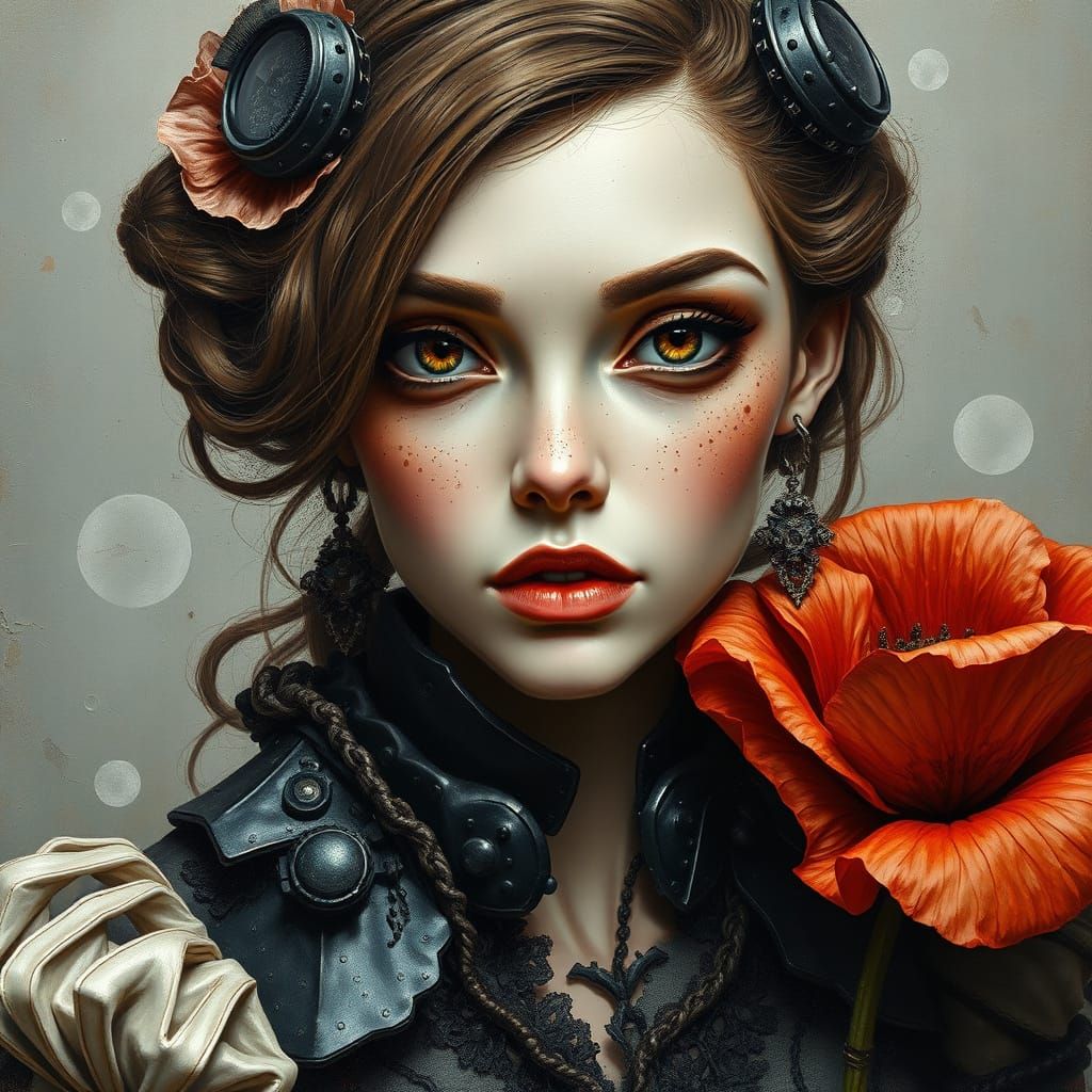 Steampunk Lady with Poppy in Impasto Style