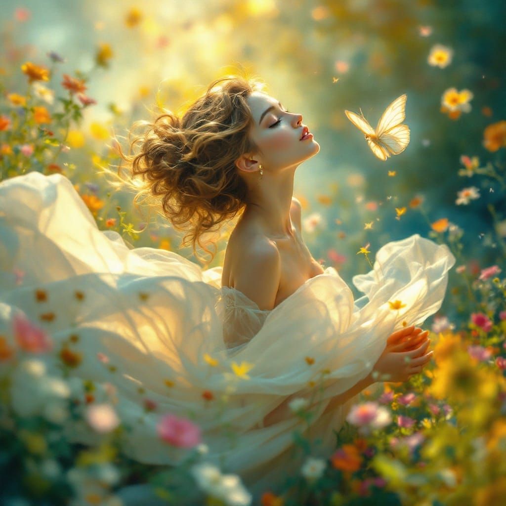 Surrealist Art of a Woman Chasing a Butterfly in a Vibrant M...