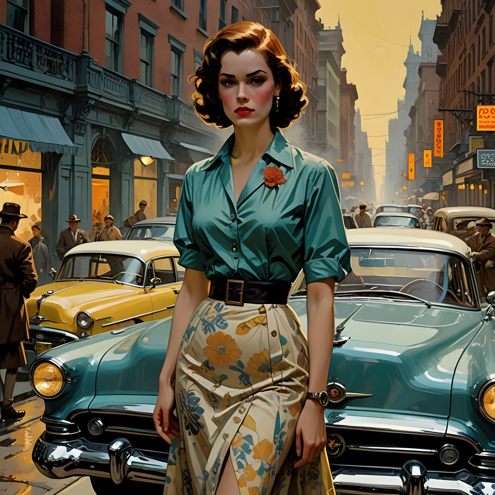 Retro-Futuristic 1950s Fashion Scene in Vivid Detail