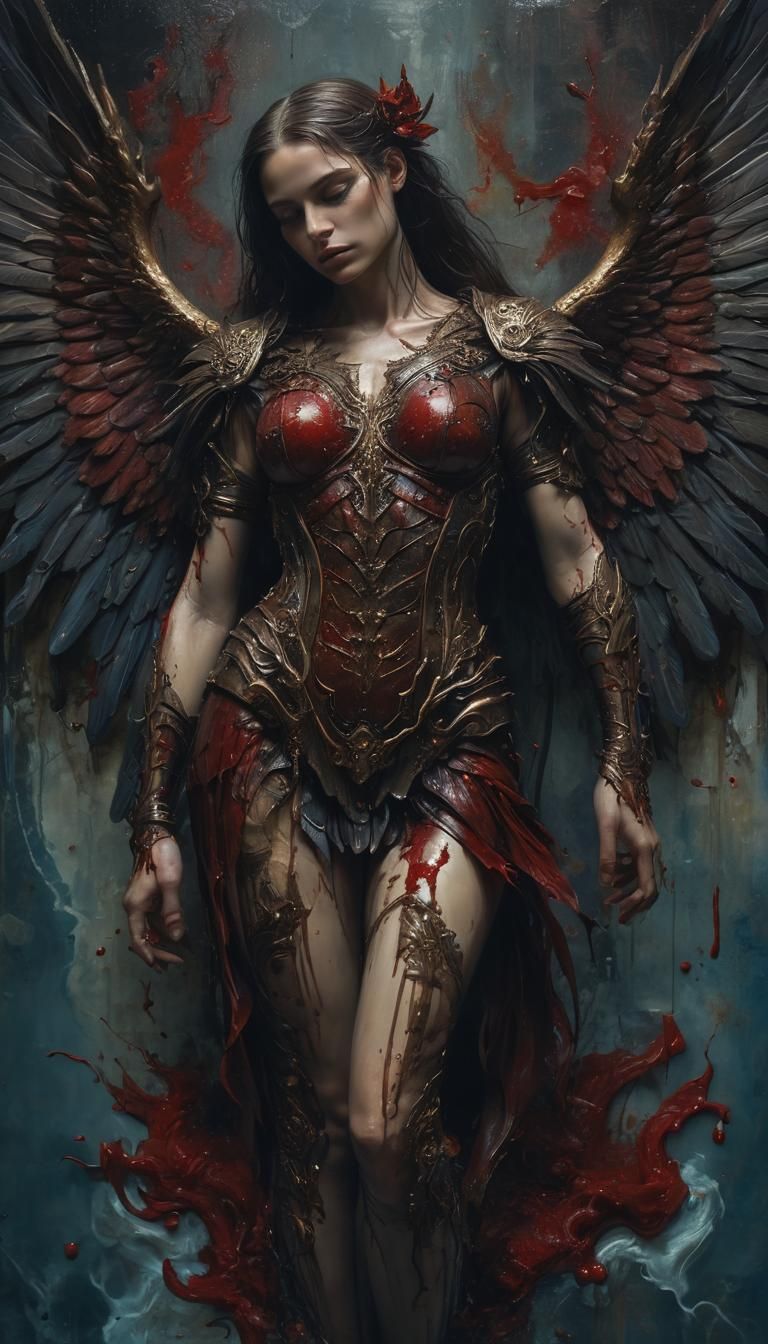 Fallen Angel in Blood Pool: Dark Fantasy Oil Painting