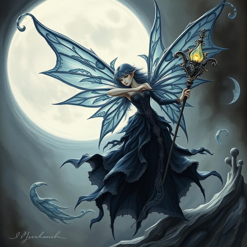 Anime Fairy Elf in Dark Victorian Art Deco Style