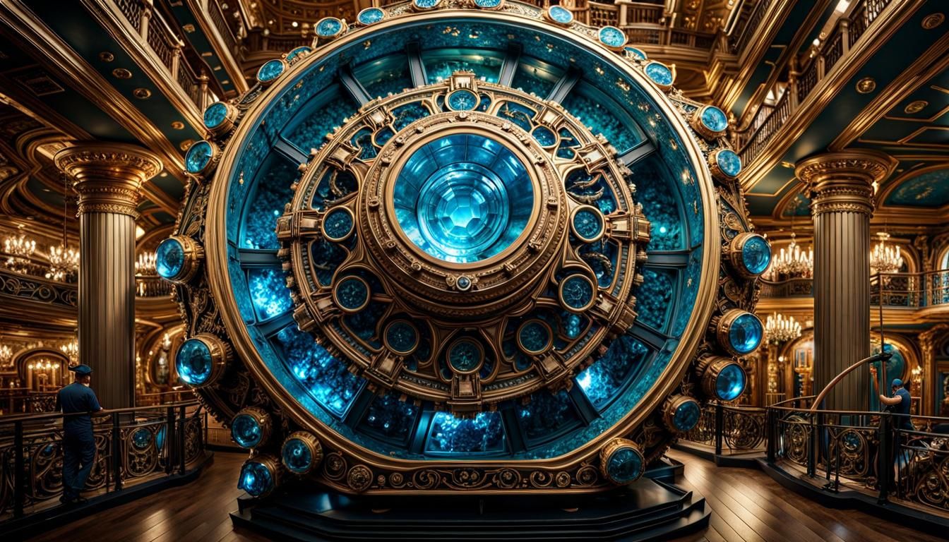 big blue crystal powering a steampunk ship
