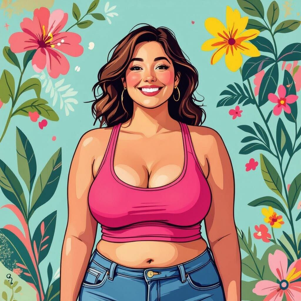 Confident Woman in Pink Tank Top: Body Positivity Art