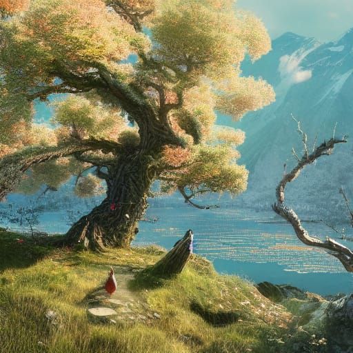 Epic Apple Tree on Mountain Lake, Digital Illustration