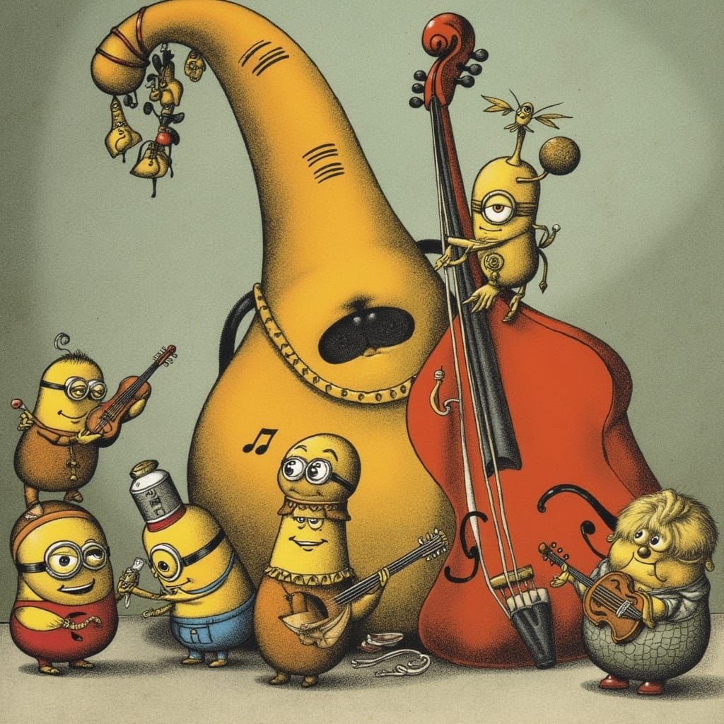 Minion Orchestra Playing Instruments in Whimsical Style