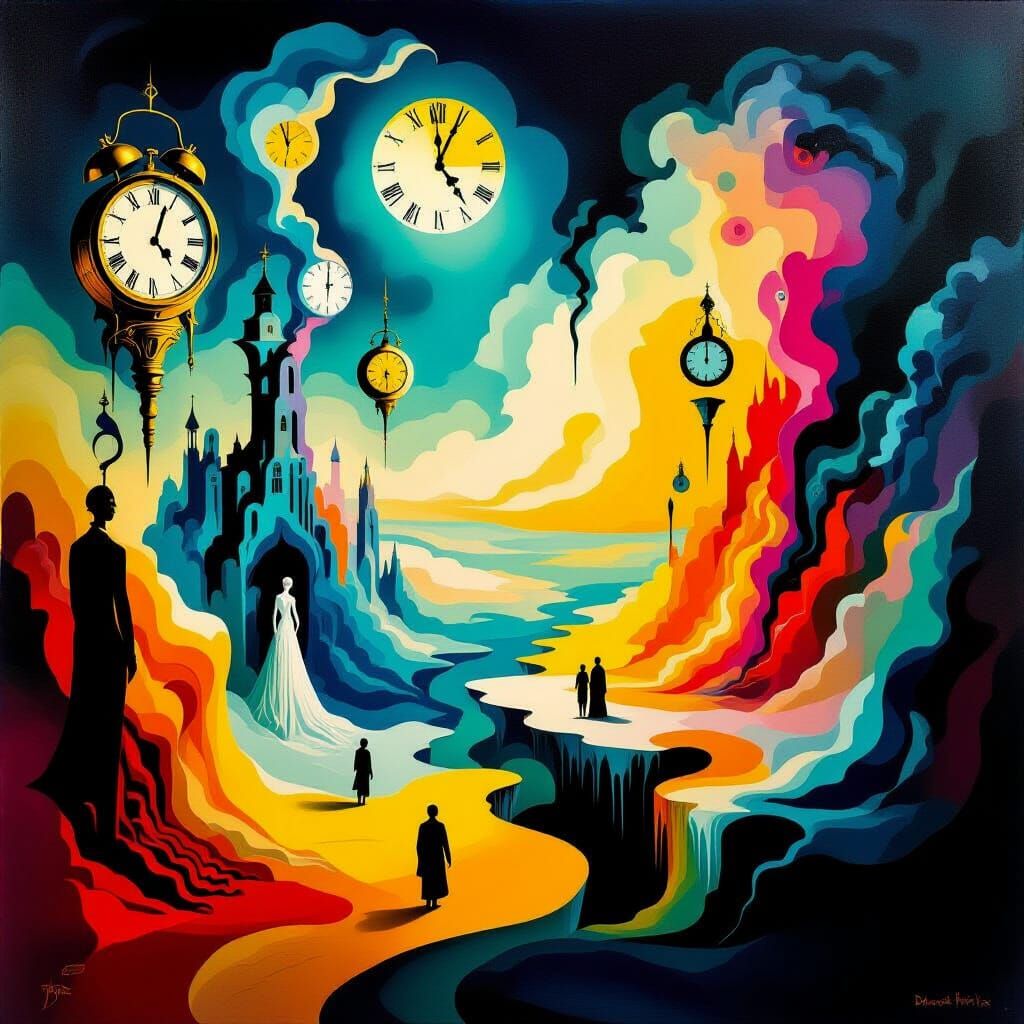 Surreal Dreamscape with Melting Clocks and Ethereal Figures