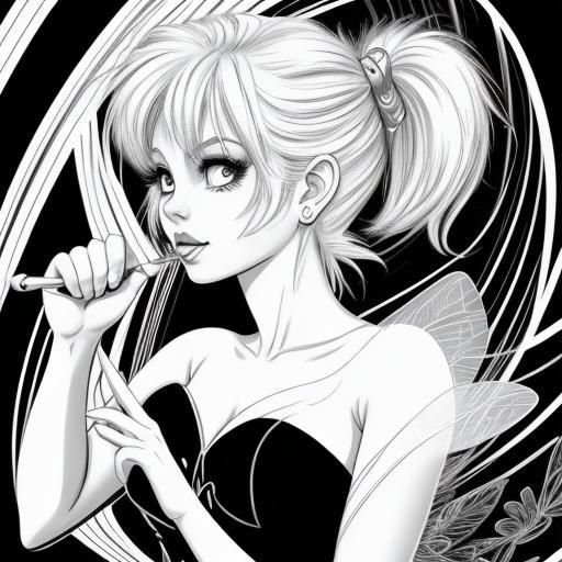 Tinkerbell in Black and White Line Art