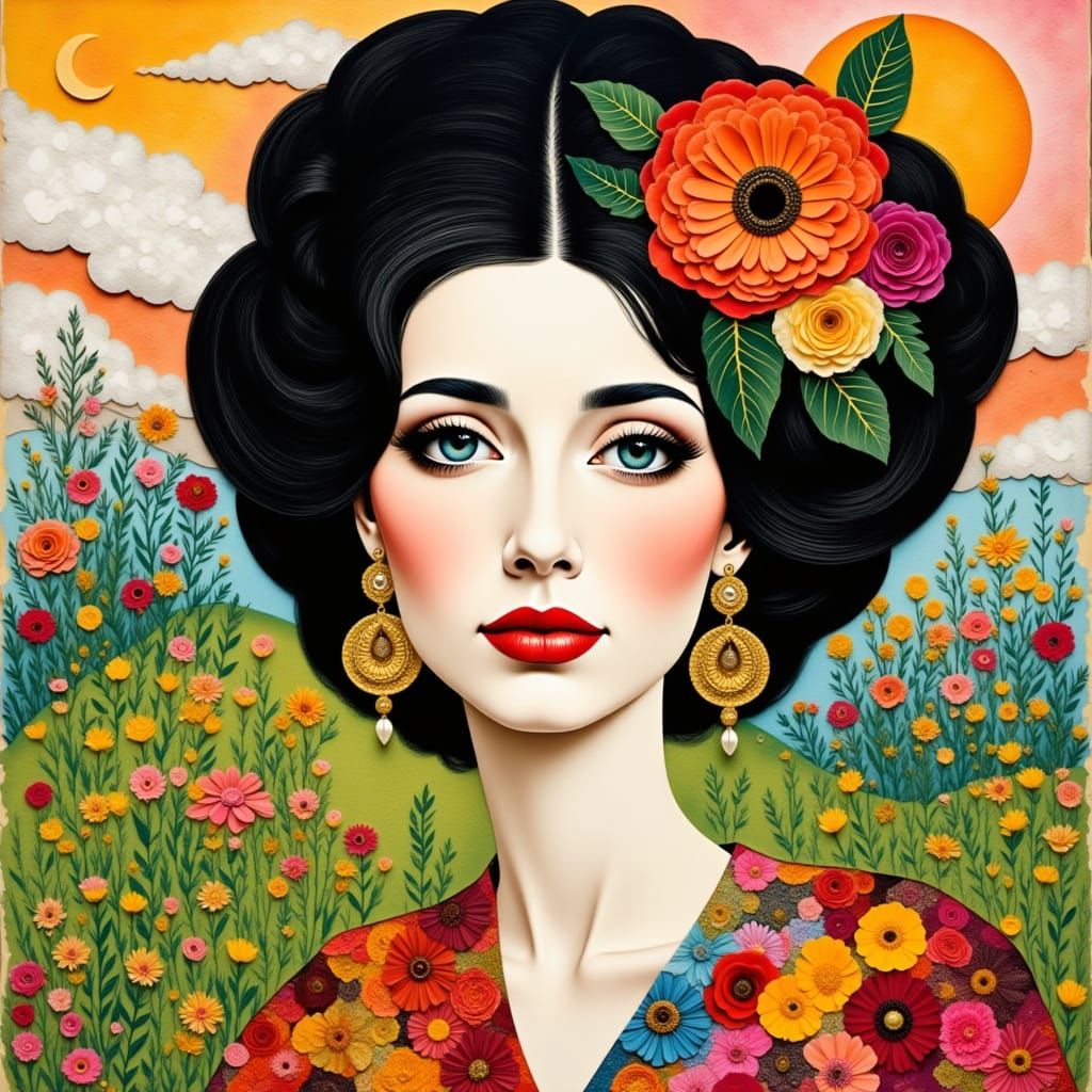 Retro Woman with Flowers, Mixed Media Collage Art