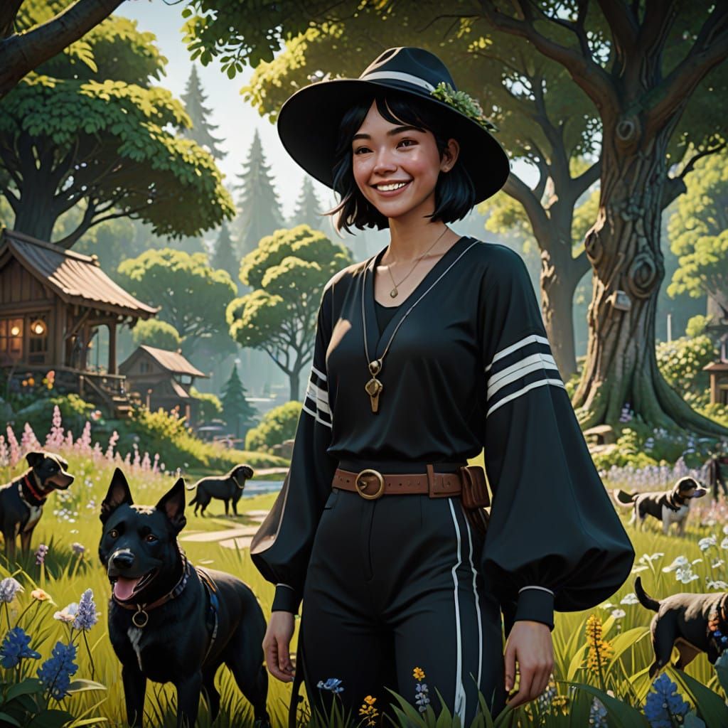 Whimsical Fantasy Girl Plays with Litter of Puppies in Lush...