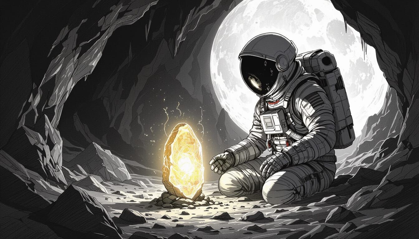 Astronaut Discovers Glowing Artifact on Distant Moon