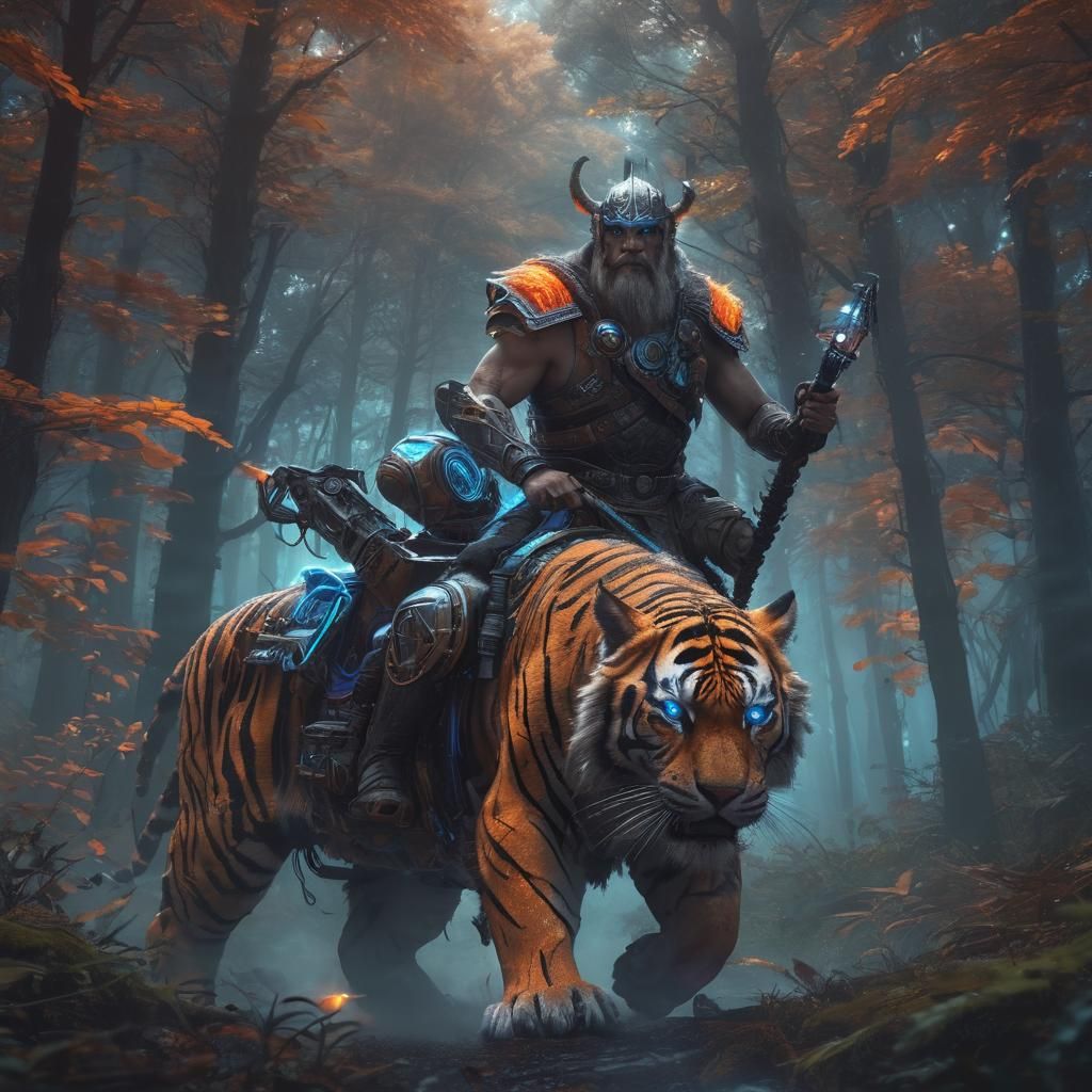 Cybernetic Viking Rides Tiger in Mystical Forest