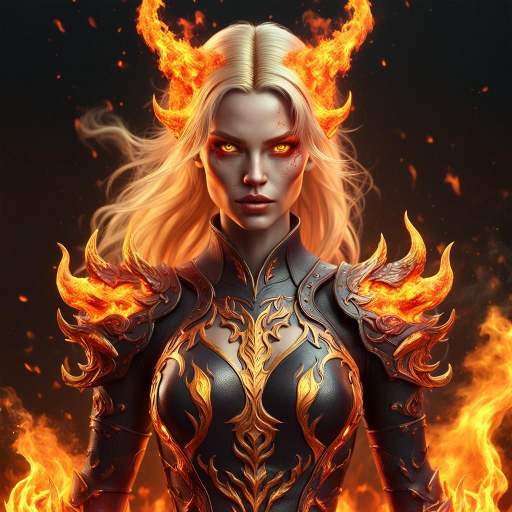 Fiery Demon Girl with Blazing Hair in Fantasy Art