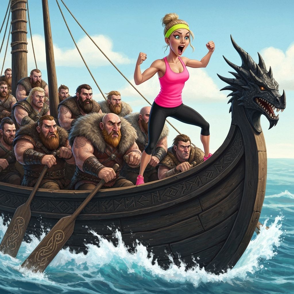 Viking Dragonship Rowed by Encouragement of Modern Gym Instr...