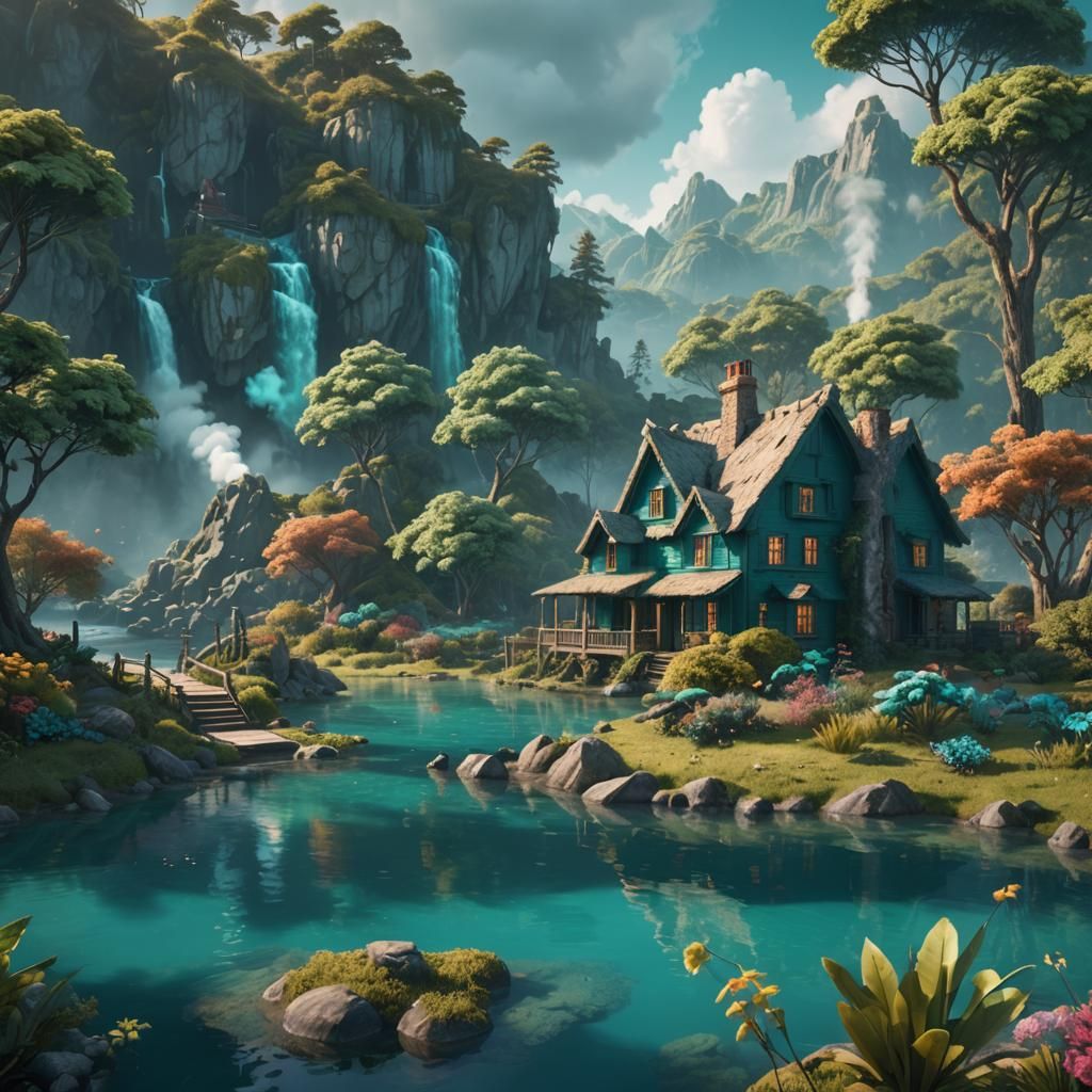 Teal Lagoon Cottage: Detailed Matte Painting