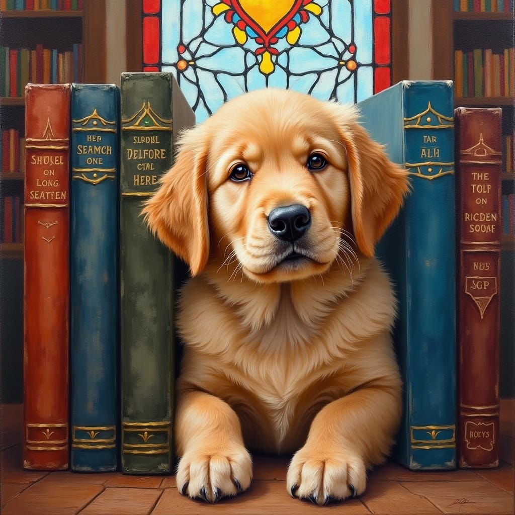 Golden Retriever Puppy in Library, Impasto Oil Painting