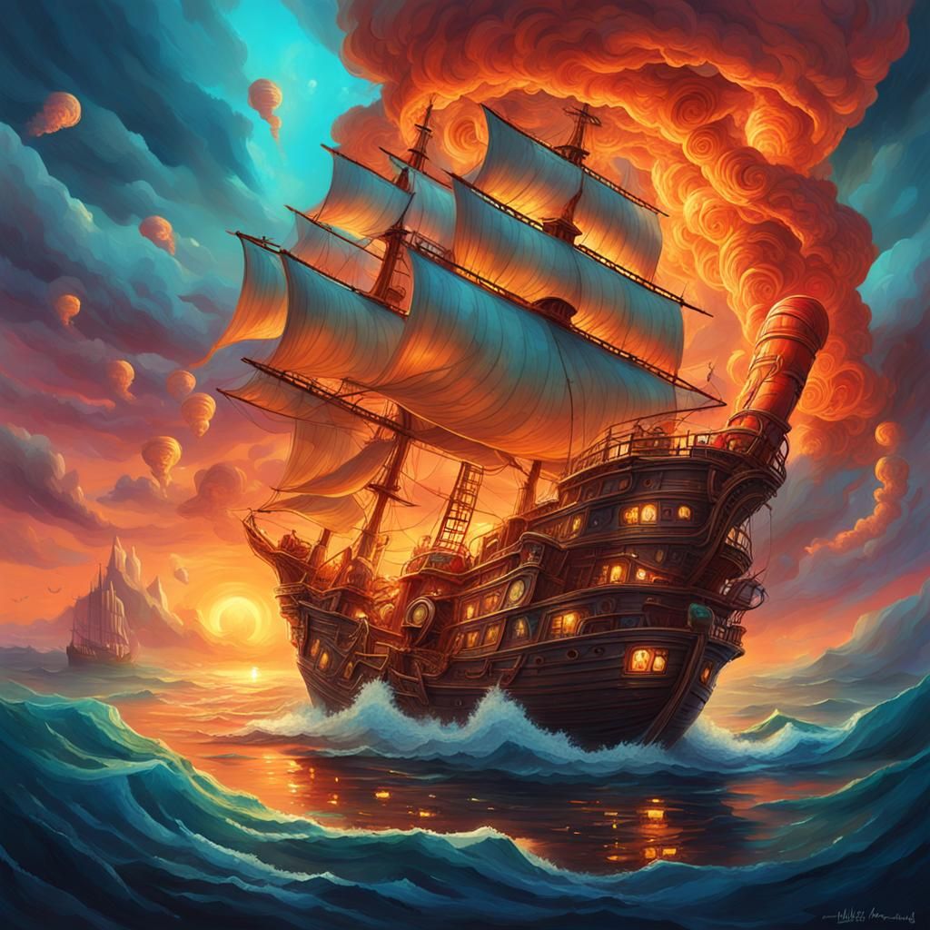 Spiraling Ship Staircase Concept Art in Glowing Colors