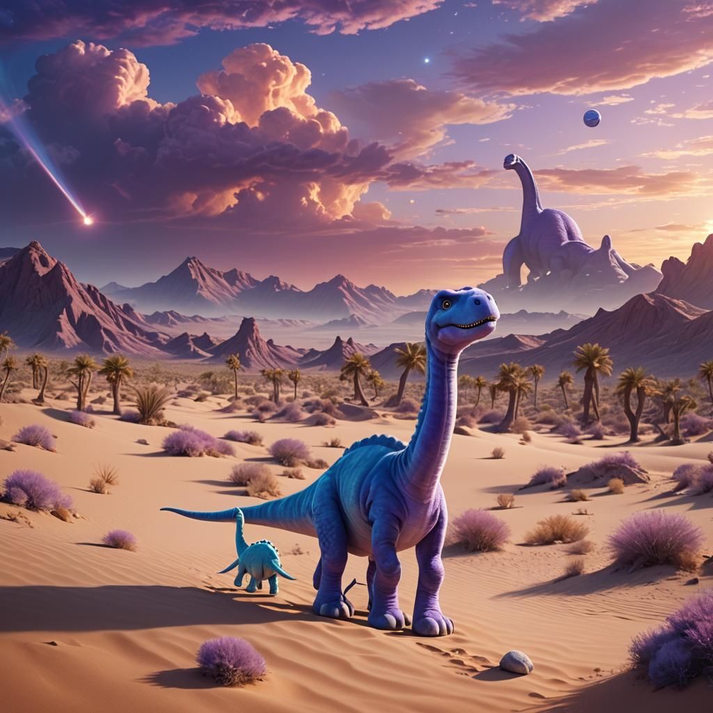 Plush Dinosaur and Astronaut in Desert Landscape