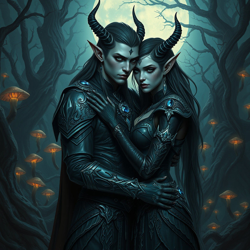 Dark Elves, male and female, hugging