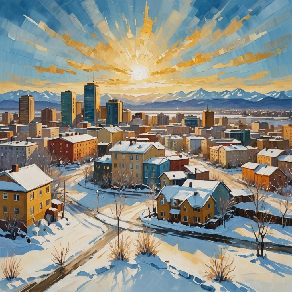 Impressionistic Gouache Cityscape of Anchorage, Alaska