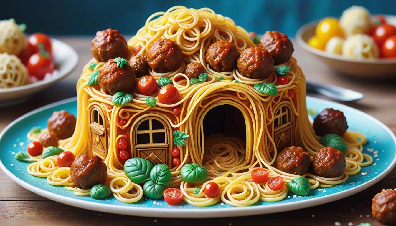 Whimsical Spaghetti Palace in Comic Art Style